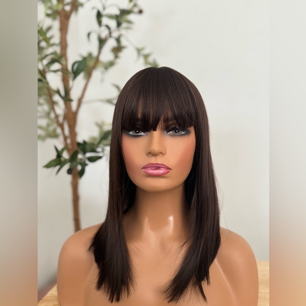 Beautiful Dark Brown Straight Wig with Bangs – Sleek Shoulder‎ Length Style